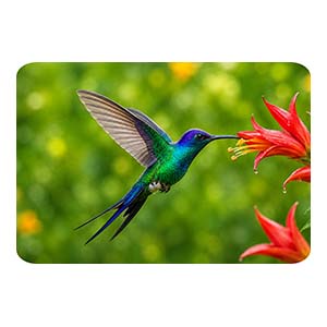 Horizontal Hummingbird at Red Flower